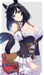  1girl absurdres animal_ears bare_shoulders black_hair blue_eyes bodice border breasts cleavage clothing_cutout commentary_request detached_sleeves dirndl dress ear_ornament eishin_flash_(umamusume) frilled_dress frills german_clothes grey_background highres horse_ears horse_tail large_breasts long_sleeves looking_at_viewer medium_hair pouch puffy_sleeves reibun_(raven1119) simple_background smile solo tail umamusume white_border 