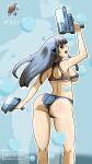  1girl ass blastoise blue_hair breasts character_name english_commentary highres holding holding_weapon huge_ass legs long_hair looking_at_viewer oni-dessin open_mouth personification pokemon smile swimsuit underboob water_gun weapon 