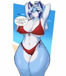 absurd_res anthro athletic bangs big_breasts bikini bikini_bottom bikini_top blue_eyes breasts canid canine clothing female fox fox_ears fur hair hands_behind_head hi_res lilith_(remilust) long_hair looking_at_viewer mammal multicolored_body multicolored_fur multicolored_hair one_eye_closed red_bikini red_clothing red_swimwear remilust smile solo swimwear text thick_thighs tied_hair two_tone_body two_tone_fur two_tone_hair watermark wink