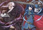  aversa_(fire_emblem) bangs blue_hair book fire_emblem fire_emblem_awakening hiomaika holding holding_book holding_sword holding_weapon leather_belt leather_strap looking_at_viewer lucina_(fire_emblem) open_mouth sword thighhighs upper_body weapon white_hair 