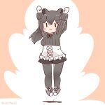  1girl animal_ears arms_up black_hair bow bowtie coroha extra_ears full_body gloves jumping kemono_friends long_hair looking_at_viewer malayan_tapir_(kemono_friends) pantyhose pink_background shoes shorts simple_background solo sweater tapir_ears tapir_girl 