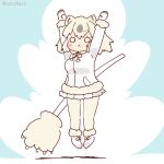  1girl animal_ears arms_up bear_ears bear_girl blue_background coroha extra_ears full_body gloves grey_hair jacket jumping kemono_friends looking_at_viewer pantyhose polar_bear_(kemono_friends) shoes short_hair simple_background skirt solo weapon 