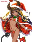  bikini black_eyes black_hair bow christmas dark_skin fur_trim green_bow hat hazakura_hinata highres horns long_hair merry_christmas original santa_costume santa_hat swimsuit tan very_long_hair 