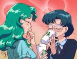  2girls bishoujo_senshi_sailor_moon black_hair black_jacket breasts closed_eyes coffee_cup commentary cup curly_hair disposable_cup earrings glasses green_hair holding holding_cup jacket jewelry kaiou_michiru medium_breasts medium_hair mizuno_ami multiple_earrings multiple_girls rimless_eyewear signature smile starbucks sweatdrop symbol-only_commentary yamino 