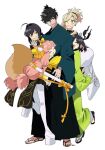  1boy 1other 3girls androgynous animal_ear_fluff animal_ears asymmetrical_hair black_hair black_hakama blue_kimono bow braid braided_ponytail braided_sidelock fate/samurai_remnant fate_(series) fox_ears fox_girl fox_tail green_kimono group_hug hair_bow hakama highres hug japanese_clothes katana kimono miyamoto_iori_(fate) miyamoto_musashi_(fate) multiple_girls ogasawara_kaya pantyhose pink_hair pirohi_(pirohi214) platform_footwear sandals short_eyebrows short_kimono single_sidelock swept_bangs sword sword_on_back tail tamamo_(fate) tamamo_aria_(fate) topknot waraji weapon weapon_on_back white_background white_hair white_pantyhose yamato_takeru_(fate) yellow_bow yellow_kimono 