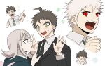  1boy 1girl :d absurdres ahoge black_necktie brown_eyes brown_hair collared_shirt danganronpa_(series) danganronpa_2:_goodbye_despair danganronpa_3_(anime) formal grey_hair grey_shirt hand_up highres hinata_hajime hinata_hajime_(awakened) hood hood_down medium_hair nanami_chiaki natsukusa_(hacho129) necktie notice_lines official_alternate_costume pink_eyes pink_hair pointing pout red_eyes shirt short_hair smile spiked_hair sweatdrop teeth thinking tongue 