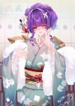  1girl blush choker floral_print_kimono flower hair_flower hair_ornament highres japanese_clothes kimono looking_at_viewer obi obiage obijime obiwan one_eye_closed original purple_hair red_eyes sash short_hair solo 