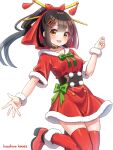  1girl :d artist_name black_hair blush bow brown_eyes choker christmas cowboy_shot dress fur-trimmed_dress fur_trim green_bow hair_ornament hazakura_hinata highres long_hair looking_at_viewer open_mouth original ponytail red_dress red_footwear red_thighhighs santa_costume simple_background smile solo thighhighs white_background 