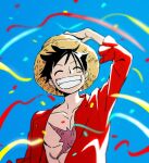  1boy ^_^ black_hair blue_background closed_eyes commentary_request confetti hat male_focus monkey_d._luffy one_piece open_clothes open_shirt red_shirt scar scar_on_chest scar_on_face shirt short_hair smile solo straw_hat taro_(honyarara00) upper_body 