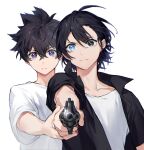  2boys aiming_at_viewer ajiro_shinpei anchun_(quail0503) bangs black_eyes black_hair black_shirt blue_eyes collarbone commentary_request crossed_bangs eyes_visible_through_hair gun hair_between_eyes handgun heterochromia highres holding holding_gun holding_weapon male_focus minakata_ryuunosuke multiple_boys open_clothes open_shirt purple_eyes shirt short_hair short_sleeves summertime_render weapon white_shirt 