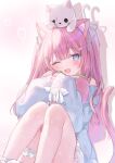  1girl ;d animal_ears animal_on_head blue_eyes blush cat cat_ears cat_girl cat_on_head cat_tail commission hakua_aa hashtag_only_commentary heart highres indie_virtual_youtuber itigori_ena long_hair on_head one_eye_closed pink_hair sitting skeb_commission smile solo tail virtual_youtuber white_cat 