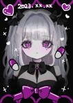  1girl 2023 @_@ bare_shoulders black_bow black_bowtie black_horns bow bowtie breasts brooch cleavage closed_mouth crying crying_with_eyes_open grey_hair heart highres horns jewelry long_hair looking_at_viewer original pill purple_bow purple_eyes shiona_(siona0625) solo sparkle straight-on tears two_side_up upper_body wing_hair_ornament 
