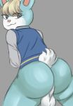  :3 akenju animal_crossing anthro balls bent_over big_balls big_butt blonde_hair bottomless bubble_butt butt clothed clothing eyelashes fur genitals girly green_body green_fur grey_background grey_eyes hair hair_over_eye hair_over_eyes hi_res lagomorph leporid looking_at_viewer looking_back male mammal multicolored_body multicolored_fur nintendo one_eye_obstructed partially_clothed presenting presenting_hindquarters rabbit rear_view sasha_(animal_crossing) shaded simple_background smile smug solo standing thick_thighs video_games white_body white_fur wide_hips 