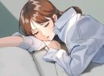  1girl brown_eyes brown_hair c-eye collared_shirt half-closed_eyes indoors long_hair lying on_stomach original parted_lips shirt solo white_shirt 