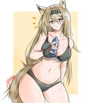  1girl animal_ears arknights black_gloves blonde_hair blush bottle bra breasts bright_pupils cowboy_shot extra_ears fingerless_gloves gloves green_bra green_eyes green_hairband green_panties hair_ornament hairband hairclip hand_up highres holding holding_bottle horn_(arknights) long_hair looking_at_viewer medium_breasts musical_note navel panties parted_lips sign signature solo stomach tail thighs underwear very_long_hair white_pupils wolf_ears wolf_girl wolf_tail yosua_0669 