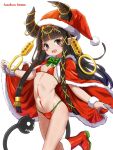  bikini black_eyes black_hair bow christmas fur_trim green_bow hat hazakura_hinata highres horns long_hair merry_christmas original santa_costume santa_hat swimsuit very_long_hair 