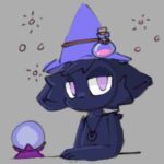 ambiguous_gender anthro arm_behind clothing crystal_ball effects fur furniture hat headgear headwear jewelry mouthless necklace potion purple_eyes solo substantial_break table unknown_character unknown_species wizard_hat