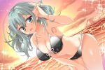  1girl aqua_eyes aqua_hair bare_arms bikini black_bikini blush breasts cleavage collarbone commentary_request crossed_bangs curvy dutch_angle eyelashes fingernails floating_hair front-tie_bikini_top front-tie_top fuyukichi_(nikoniko1567) groin hair_between_eyes hair_tucking hand_up highres large_breasts leaning_forward long_hair looking_at_viewer ocean official_alternate_costume open_mouth orange_sky outdoors polka_dot polka_dot_bikini riddle_joker shikibe_mayu shiny_skin skindentation sky solo sparkle sunset swimsuit teeth thigh_gap thighs two-tone_bikini white_bikini 