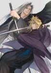  2boys battle black_hakama blonde_hair blue_eyes closed_mouth cloud_strife crossed_swords earrings feet_out_of_frame final_fantasy final_fantasy_vii final_fantasy_vii_remake grey_background grey_hair hair_between_eyes hakama holding holding_sword holding_weapon japanese_clothes jewelry jjn_ff7 katana long_bangs long_hair long_sleeves male_focus multiple_boys parted_bangs parted_lips sephiroth short_hair single_earring smile spiked_hair sword weapon white_hakama wide_sleeves 