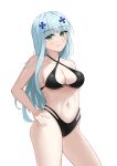  19956802168 1girl absurdres alternate_costume bangs bare_shoulders bikini black_bikini black_swimsuit breasts chinese_commentary cleavage closed_mouth collarbone feet_out_of_frame girls&#039;_frontline green_eyes hair_ornament hairclip hand_on_hip highres hk416_(girls&#039;_frontline) light_blue_hair light_blush long_hair looking_at_viewer medium_breasts navel smile solo standing stomach swimsuit teardrop_facial_mark teardrop_tattoo thighs white_background 