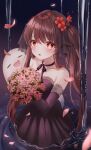  1girl absurdres blush bouquet brown_hair crying crying_with_eyes_open dress flower genshin_impact ghost gloves highres hu_tao_(genshin_impact) long_hair looking_at_viewer open_mouth parted_lips petals plum_blossoms red_eyes solo tears twintails wading water zuu_1028 