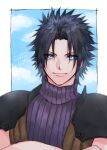  1boy ah_yoshimizu armor black_hair blue_eyes blue_sky cloud cloudy_sky commentary_request crisis_core_final_fantasy_vii crossed_arms day final_fantasy final_fantasy_vii looking_at_viewer male_focus muscular muscular_male outdoors parted_bangs pauldrons purple_sweater short_hair shoulder_armor sky sleeveless sleeveless_turtleneck smile solo spiked_hair suspenders sweater turtleneck upper_body zack_fair 