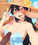  1girl 3boys :d artist_name bangs bare_shoulders black_hair blue_swimsuit breasts cleavage dark-skinned_male dark_skin day english_commentary flower hat hat_flower heart heart_in_eye hetero highres large_breasts long_hair male_pubic_hair multiple_boys one_eye_closed outdoors penis pokemon pubic_hair red_eyes rob_ishi selfie shiny shiny_skin smile sun_hat swimsuit symbol_in_eye teeth upper_teeth yellow_flower 