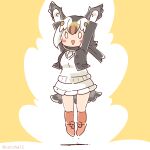  1girl arms_up atlantic_puffin_(kemono_friends) bird_girl bird_tail bird_wings cardigan coroha feathered_wings full_body gloves head_wings jacket jumping kemono_friends looking_at_viewer multicolored_hair shoes short_hair simple_background skirt socks solo tail white_hair wings yellow_background 