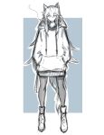  1girl animal_ear_piercing animal_ears arknights blue_background boots drawstring greyscale_with_colored_background hair_between_eyes hands_in_pockets highres hood hood_down hooded_sweater looking_at_viewer pantyhose simple_background sketch smoke smoking solo sweater tail texas_(arknights) wolf_ears wolf_girl wolf_tail yosua_0669 