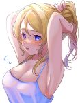  1girl arms_up ayase_eli blonde_hair blue_eyes blush breasts camisole cleavage highres love_live! love_live!_school_idol_project medium_breasts mei_hinamatsu portrait simple_background solo spaghetti_strap sweat swept_bangs tagme tying_hair white_background 