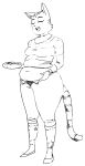  2022 anthro belly belly_grab belly_overhang big_belly bottomwear clothed clothing cutlery domestic_cat eyes_closed felid feline felis female footwear fork fran_(litterbox_comics) fully_clothed fur hi_res holding_object holding_plate kitchen_utensils litterbox_comics looking_pleasured mammal mature_anthro mature_female monochrome obese obese_anthro obese_female open_mouth overweight overweight_anthro overweight_female pants plate shirt shoes solo standing striped_body striped_fur stripes teeth tools topwear unzipped unzipped_pants 