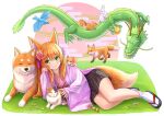  1girl animal animal_ear_fluff animal_ears bird black_footwear black_skirt blush cat chinese_zodiac closed_mouth commentary_request dog dragon egasumi flower fox fox_ears fox_girl fox_tail hair_between_eyes hair_flower hair_ornament hand_up iroha_(iroha_matsurika) japanese_clothes kimono long_sleeves looking_at_viewer on_grass orange_hair original pink_flower pink_kimono pleated_skirt purple_flower rabbit skirt sleeves_past_wrists socks solo squirrel tabi tail white_background white_flower white_socks wide_sleeves year_of_the_dragon zouri 