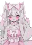  1girl animal_ear_fluff animal_ears bare_shoulders blush border bow closed_mouth collar cross dress fox_ears fox_girl fox_tail frilled_collar frilled_dress frills hair_between_eyes hair_bow hand_up highres latin_cross limited_palette long_hair looking_at_viewer multiple_tails original pink_bow pink_collar pink_dress pink_eyes shiona_(siona0625) simple_background sleeveless sleeveless_dress solo straight-on tail upper_body white_background white_border wing_ornament 