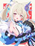  1girl animal_ear_fluff animal_ears animal_hands belt black_sash blonde_hair blue_belt blue_hair blue_kimono breasts dog_ears dog_girl dog_paws fang flower fuwawa_abyssgard fuwawa_abyssgard_(new_year) hair_flower hair_ornament hand_on_own_chest highres hinata_hirune hololive hololive_english japanese_clothes kimono large_breasts long_hair looking_at_viewer multicolored_hair obi official_alternate_costume open_mouth pink_eyes ponytail sash skin_fang sleeveless sleeveless_kimono smile streaked_hair very_long_hair virtual_youtuber 