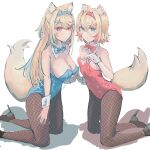  2girls absurdres animal_ear_fluff animal_ears bandaid bandaid_hair_ornament black_footwear blonde_hair blue_bow blue_bowtie blue_eyes blue_hair blue_leotard blush bow bowtie breasts cleavage collar detached_collar dog_ears dog_girl dog_tail fishnet_pantyhose fishnets fuwawa_abyssgard hair_ornament hairpin high_heels highres higure_yuu hololive hololive_english large_breasts leotard long_hair looking_at_viewer medium_hair mococo_abyssgard multicolored_hair multiple_girls pantyhose pink_bow pink_bowtie pink_eyes pink_hair pink_leotard playboy_bunny siblings sidelocks simple_background sisters small_breasts smile strapless strapless_leotard streaked_hair tail twins two_side_up virtual_youtuber white_background white_collar white_wrist_cuffs x_hair_ornament 