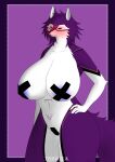 absurd_res alien anthro big_breasts blush breasts canid canine canis female hi_res looking_away luviden mammal markings nipple_tape pasties purple_background simple_background solo tape thick_thighs treniea wolf
