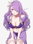  1girl alternate_costume bikini breasts camilla_(fire_emblem) cleavage closed_mouth collarbone commentary_request fingernails fire_emblem fire_emblem_fates fire_emblem_heroes flower grey_background hair_flower hair_ornament hair_over_one_eye hibiscus highres large_breasts long_hair looking_at_viewer navel official_alternate_costume one_eye_covered peach11_01 purple_bikini purple_eyes purple_hair purple_nails purple_swimsuit sarong see-through see-through_skirt simple_background skirt smile swimsuit twitter_username wavy_hair wet white_flower 