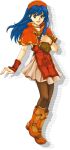  1girl :d blue_eyes blue_hair book dress fire_emblem fire_emblem:_the_binding_blade full_body holding holding_book kaneda_eiji lilina_(fire_emblem) long_hair official_art open_mouth outstretched_arm red_dress red_footwear red_headwear smile solo 