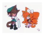  2girls animal_ears beret bow brown_hair brown_thighhighs cat_ears cat_tail chibi green_skirt hair_bow hat highres huyj_cl ishmael_(project_moon) limbus_company long_hair looking_at_viewer multiple_girls orange_hair outis_(project_moon) project_moon red_skirt short_hair simple_background skirt tail thighhighs very_long_hair white_background white_bow yellow_eyes 