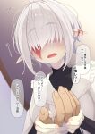  1boy 1girl abelia_(ogami_kazuki) ahoge bandaged_hand bandages black_dress blurry blurry_background blush burn_scar covered_collarbone depth_of_field dress facing_viewer fangs flying_sweatdrops grey_hair hair_over_eyes hand_grab highres indoors long_sleeves ogami_kazuki open_mouth original pointy_ears scar short_hair solo_focus sweat thick_eyebrows translation_request white_dress 