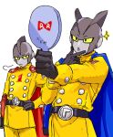  2boys :o belt black_belt black_gloves blue_cape buttons cape closed_mouth colored_sclera colored_skin commentary_request double-breasted dragon_ball dragon_ball_super dragon_ball_super_super_hero energy_gun frown gamma_1 gamma_2 gloves grey_skin gun hand_mirror hand_on_own_hip hand_up holding holding_mirror holster holstered jacket long_sleeves looking_at_another male_focus mirror multiple_boys open_mouth outstretched_arm pny_panya puff_of_air ray_gun red_cape red_ribbon_army simple_background sparkle standing v-shaped_eyebrows weapon white_background yellow_jacket yellow_sclera 