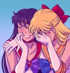  2girls aino_minako bishoujo_senshi_sailor_moon blonde_hair bow breasts choker circlet closed_eyes commentary earrings elbow_gloves english_commentary facepalm gloves grin hair_bow hino_rei jewelry laughing_girls_(meme) long_hair medium_breasts meme multiple_girls orange_choker orange_sailor_collar purple_eyes purple_hair red_bow red_choker red_sailor_collar sailor_collar sailor_mars sailor_venus smile white_gloves yamino 