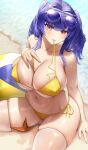  1girl ass azur_lane ball bangs beach beachball bikini blue_hair blush breasts cameltoe collarbone covered_nipples eyewear_on_head fouriasensei hand_on_own_chest highres large_breasts long_hair looking_at_viewer mouth_hold navel official_alternate_costume outdoors parted_lips plump pola_(azur_lane) pola_(seaside_coincidence)_(azur_lane) red_eyes sideboob sitting skindentation solo starfish sunglasses swimsuit thick_thighs thighhighs thighs twintails underboob water wet white_thighhighs yellow_bikini 