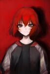  1girl absurdres black_shirt brown_eyes chinosuke_(o_j_o_p) highres idolmaster idolmaster_cinderella_girls jacket looking_at_viewer murakami_tomoe open_clothes open_jacket red_background red_hair shirt short_hair sketch smile solo upper_body 