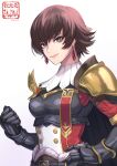  1girl armor belt blue_eyes boobplate breastplate breasts brown_hair closed_mouth earrings fiorayne_(monster_hunter) hair_between_eyes highres jewelry looking_at_viewer monster_hunter_(series) monster_hunter_rise pauldrons re_(re_09) short_hair shoulder_armor simple_background solo 