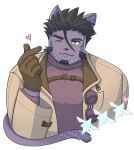 &lt;3 anthro beard black_hair chest_strap clothing domestic_cat facial_hair felid feline felis fur gloves hair handwear jacket lifewonders live_a_hero male mammal one_eye_closed purple_body purple_fur solo sui6sweet sweater topwear tsuneaki turtleneck wink yellow_eyes