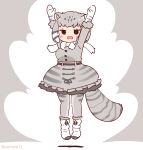  1girl animal_ears arms_up belt boots bow bowtie cat_ears cat_girl cat_tail coroha extra_ears full_body gloves grey_background grey_hair jacket jumping kemono_friends looking_at_viewer pallas&#039;s_cat_(kemono_friends) pantyhose short_hair simple_background skirt solo tail 