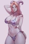 animal_print big_breasts bikini breasts clothing cow_print female hair hand_behind_head hi_res horn horned_humanoid humanoid miloff pupils side-tie_bikini simple_background smile solo string_bikini swimwear