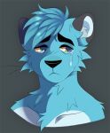  anthro black_eyebrows black_nose blue_body blue_ears blue_eyes blue_fur blue_hair blue_inner_ear bodily_fluids bust_portrait cheek_tuft chest_tuft crying eyebrows facial_tuft front_view fur glistening glistening_eyes green_eyes grey_body grey_ears grey_fur hair male neck_tuft portrait princelykaden short_hair shoulder_tuft simple_background solo tears tuft 