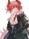  1girl absurdres animal_ears arknights bird_ears black_jacket buttons collared_shirt fiammetta_(arknights) highres id_card jacket looking_at_viewer nacoty necktie open_clothes open_jacket red_eyes red_hair red_necktie shirt short_hair short_sleeves simple_background solo upper_body white_background white_shirt 